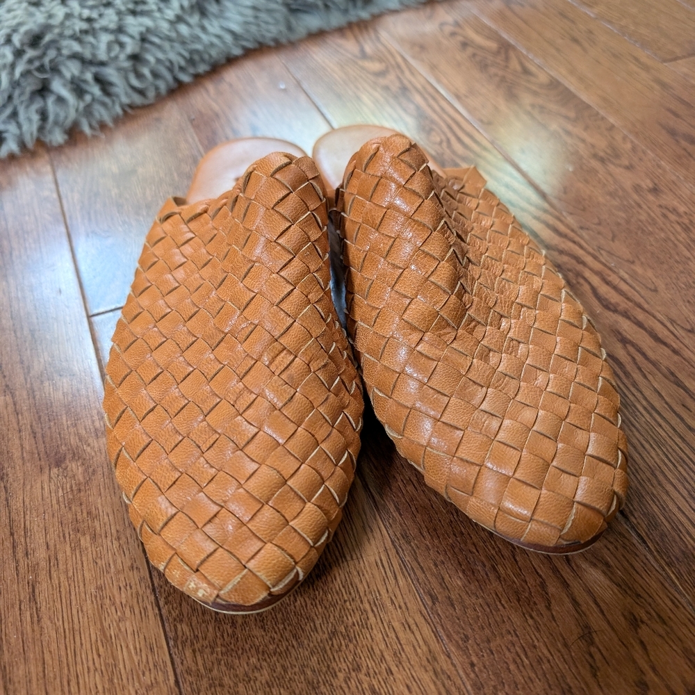 Woven Leather Mule Slides in Cognac Brown - Women